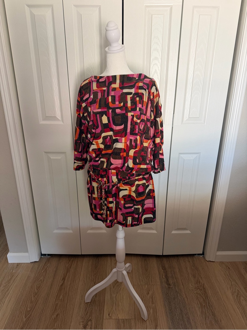 Coco Bianco Abstract Geo Mini Dress in Pink, Black & Cream